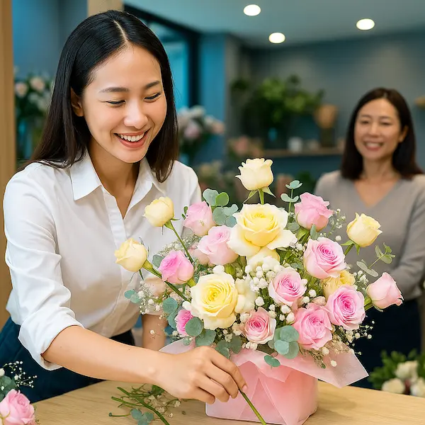 Nhân viên shop hoa tươi gần trung tâm thương mại đang cắm giỏ hoa tươi