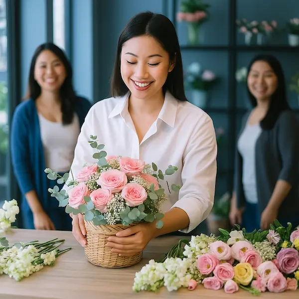 Nhân viên cắm hoa chuyên nghiệp tại shop hoa tươi gần trường học – Hoa Gửi Yêu Thương