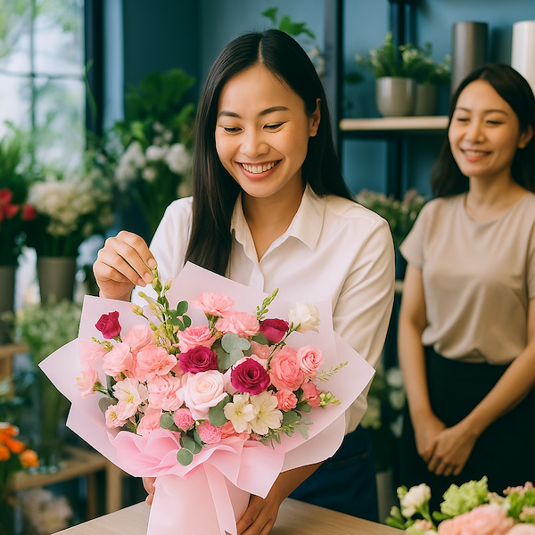 Nhân viên shop hoa tươi giá tốt đang trao bó hoa hồng pastel tại Hoa Gửi Yêu Thương