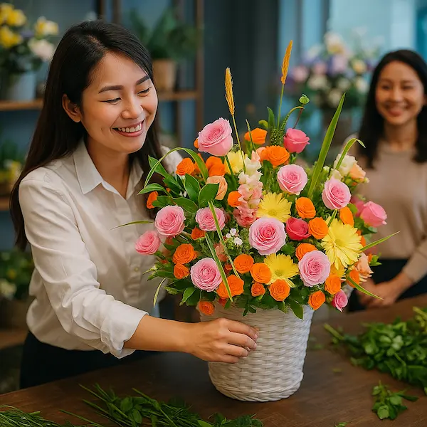 Shop hoa tươi giao tận nơi – Nhân viên đang cắm giỏ hoa tươi rực rỡ tại Hoa Gửi Yêu Thương