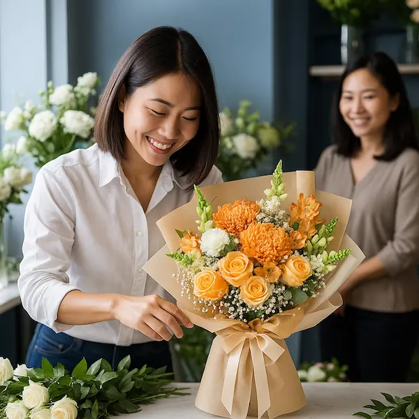 Nhân viên đang cắm bó hoa tại shop hoa tươi handmade Hoa Gửi Yêu Thương – nơi mỗi sản phẩm là một thiết kế thủ công tỉ mỉ.