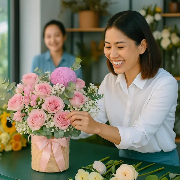 Nhân viên cắm hoa tại shop hoa tươi mở cửa 24/7 Hoa Gửi Yêu Thương