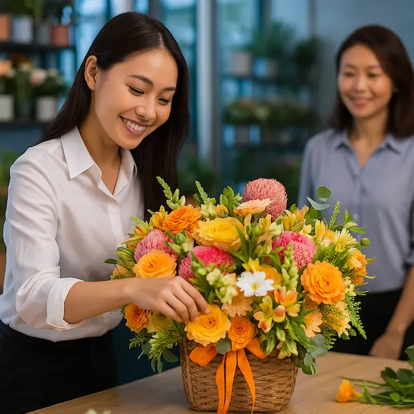 Nhân viên tại shop hoa tươi ngày 20/10 đang cắm giỏ hoa tươi rực rỡ để bàn.
