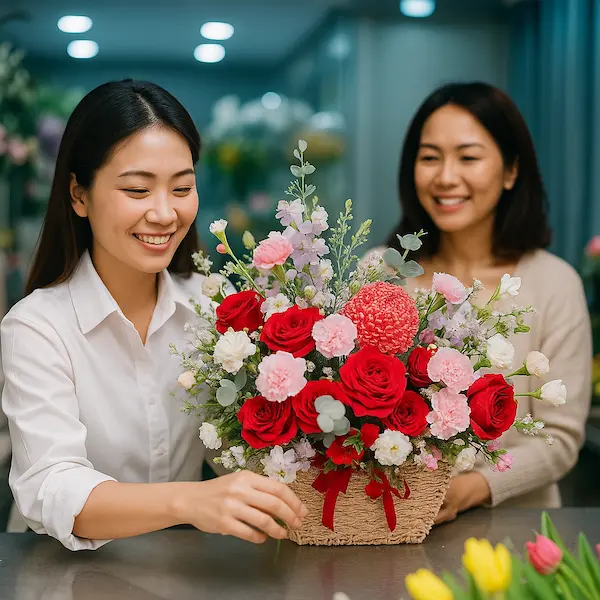 Nhân viên shop hoa tươi ngày 8/3 đang trao giỏ hoa tươi cho khách hàng nữ với nụ cười rạng rỡ