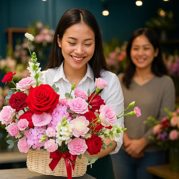 Shop hoa tươi ngày Valentine – nhân viên nữ tươi cười với giỏ hoa hồng đỏ và hồng pastel tinh tế