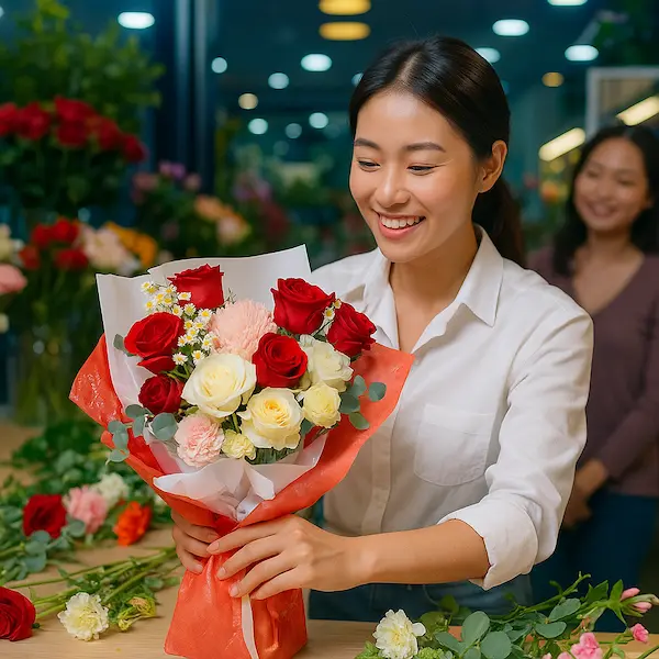Nhân viên shop hoa tươi nhập khẩu đang cắm bó hoa hồng nhập khẩu màu đỏ trắng trong không gian hiện đại