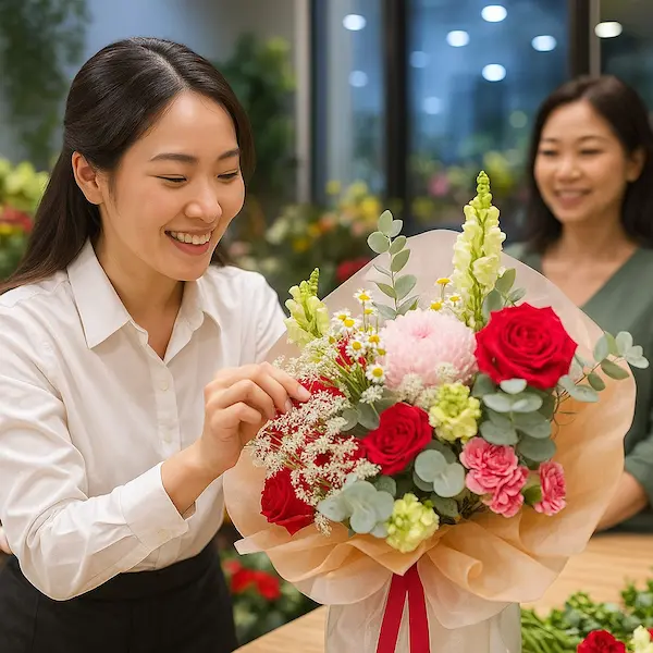 Nhân viên cắm hoa tại shop hoa tươi phong cách Hàn – thiết kế hiện đại, tinh tế, phù hợp xu hướng Hàn Quốc