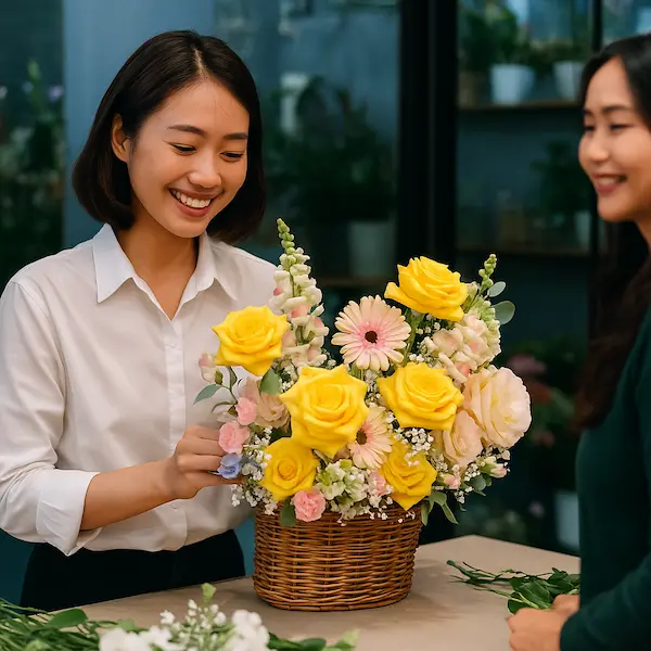 Nhân viên shop hoa tươi phục vụ ngày lễ đang cắm giỏ hoa vàng rực rỡ tại quầy.