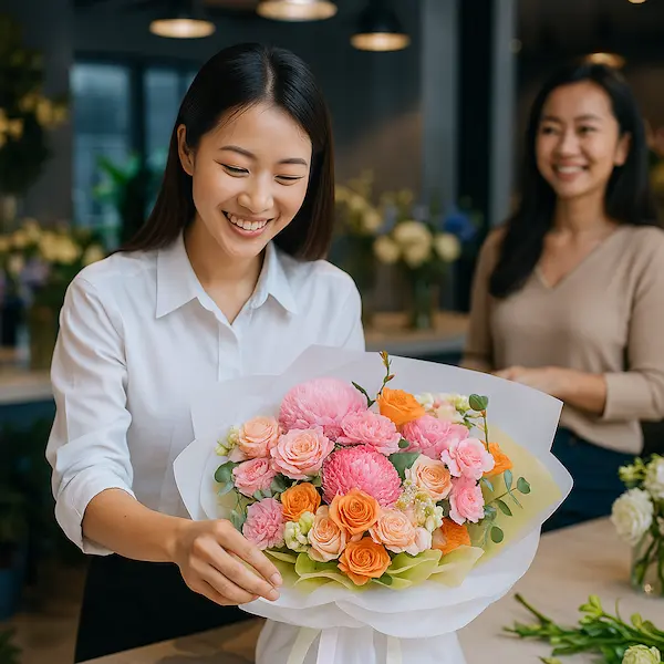 Shop hoa tươi theo mùa – Nhân viên đang trao bó hoa tươi đầy màu sắc trong tiệm