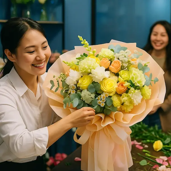 Nhân viên đang cắm hoa tại shop hoa tươi uy tín, chuyên nghiệp và tận tâm