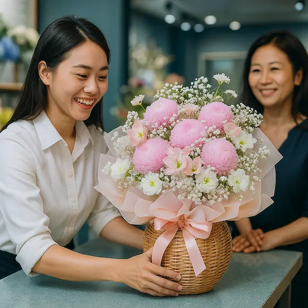 Giỏ hoa hồng và gấu bông tại shop hoa tươi gần quận 5 – quà tặng dễ thương cho sinh nhật, tình yêu