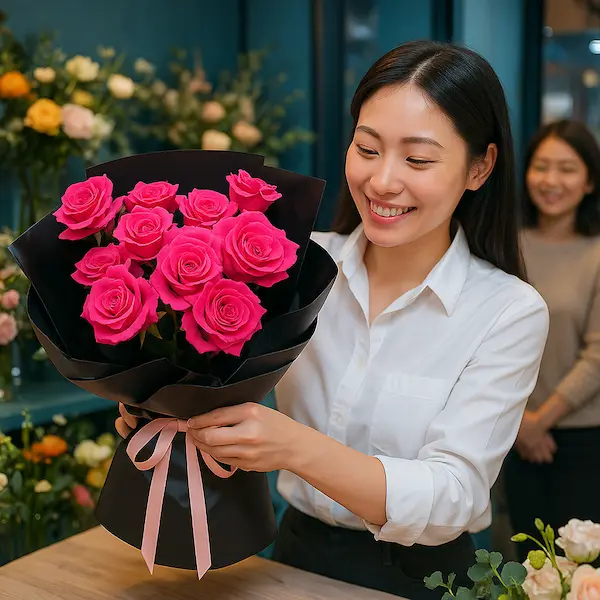 Nhân viên cửa hàng đang cẩn thận giao bó hoa hồng tại shop hoa uy tín gần đây