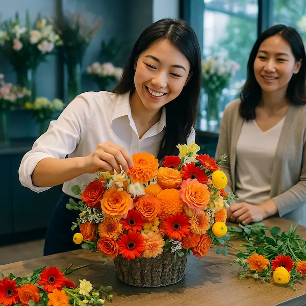 Tiệm bán hoa gần đây đang thiết kế giỏ hoa rực rỡ với sắc cam và vàng nổi bật, không gian ấm cúng, nhân viên tận tâm.