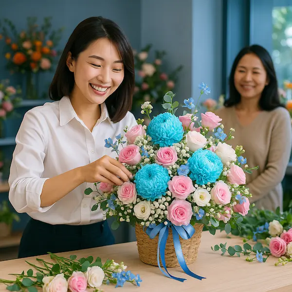 Nhân viên cắm hoa tại tiệm hoa gần đây có freeship – giỏ hoa tone hồng xanh tươi tắn, giao nhanh miễn phí nội thành