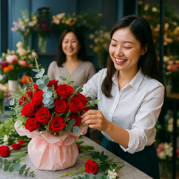 Nhân viên tiệm hoa gần đây có hoa theo yêu cầu đang thiết kế bó hoa theo mẫu mới