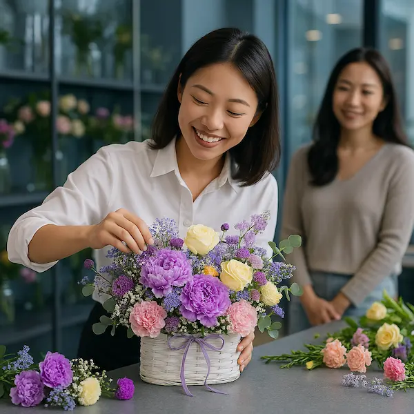 Nhân viên tiệm hoa gần đây giá rẻ đang cắm hoa tươi tone tím hồng tại shop Hoa Gửi Yêu Thương