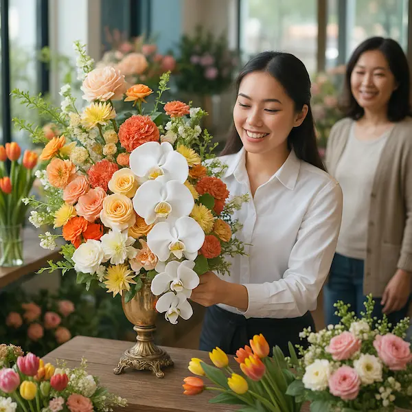 Nhân viên tư vấn tại tiệm hoa mini gần đây – thiết kế lẵng hoa nhỏ gọn, sang trọng với lan trắng và hoa tươi phối màu cam