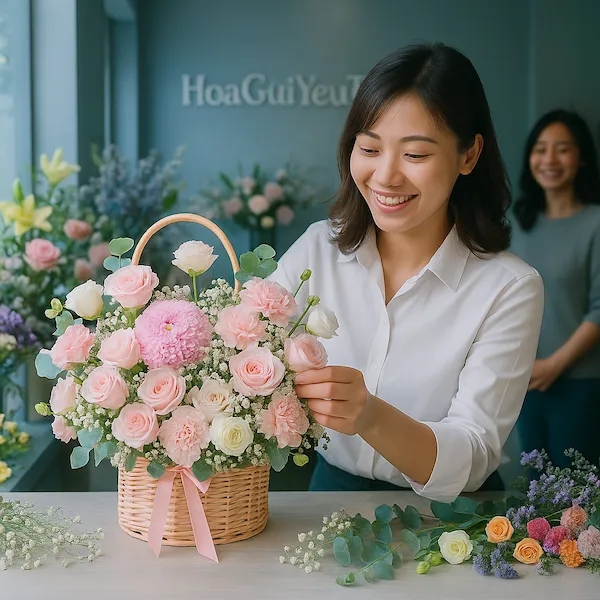 Tiệm hoa Quận 10 – Hoa tươi cắm giỏ thủ công tại cửa hàng Hoa Gửi Yêu Thương