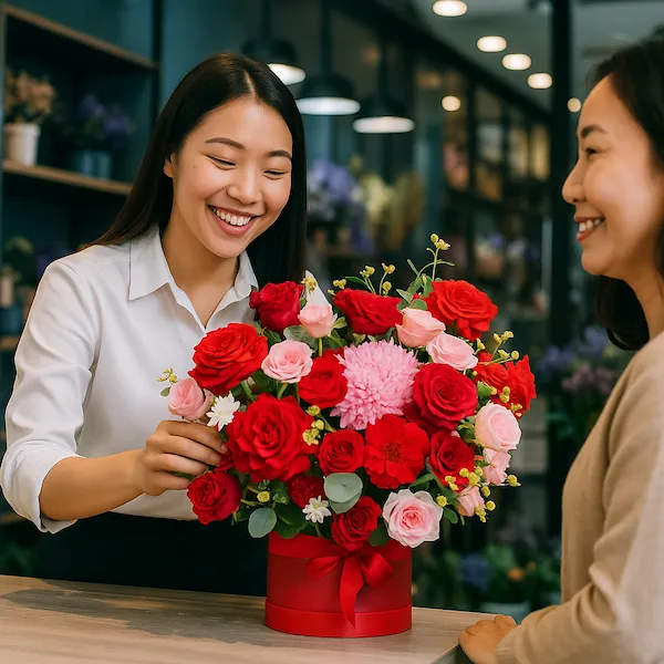 Nhân viên tại tiệm hoa tươi giao liền đang trao giỏ hoa đỏ rực rỡ cho khách hàng.