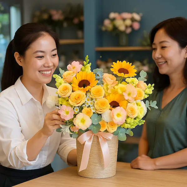 Nhân viên tiệm hoa tươi gần đây nhất đang trao giỏ hoa tươi màu vàng cho khách hàng trong cửa hàng hoa hiện đại.