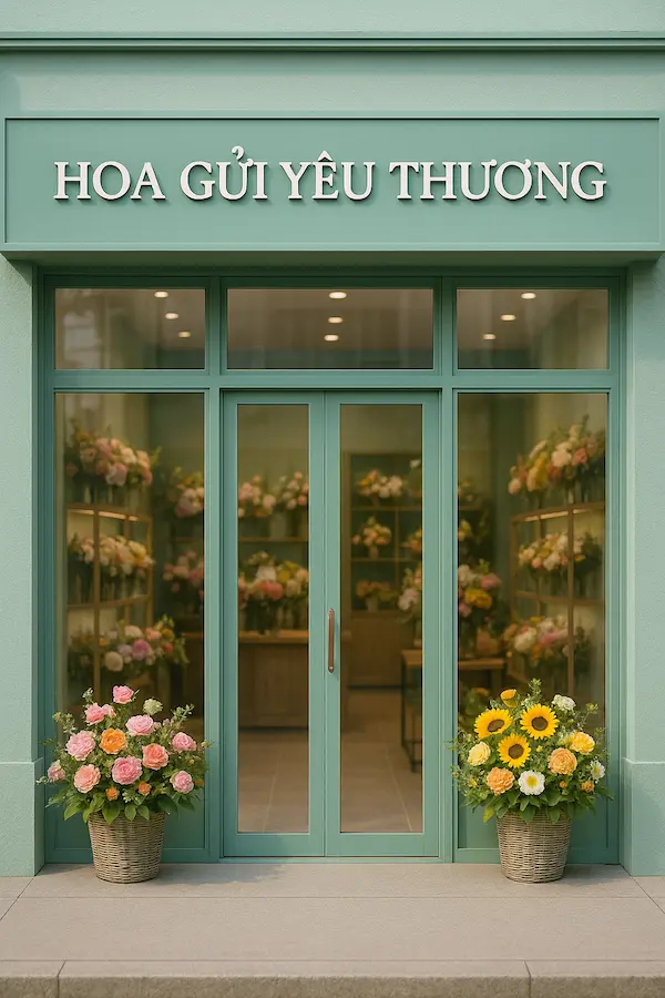 Cửa hàng hoa tươi nhập khẩu – mặt tiền shop Hoa Gửi Yêu Thương tone xanh pastel sang trọng, có chậu hoa nhập khẩu đặt phía trước