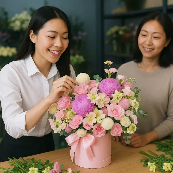 Nhân viên cắm giỏ hoa sinh nhật ngọt ngào gồm hoa hồng phấn, cẩm chướng, baby trắng, phụ kiện hồng tím, trong cửa hàng hoa ấm cúng.