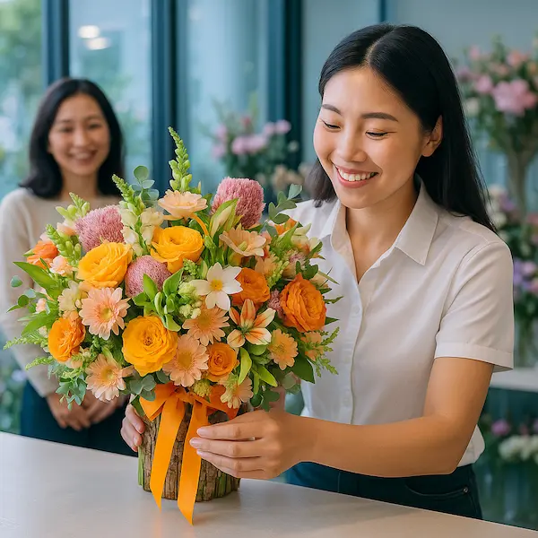 Nhân viên tiệm Hoa Gửi Yêu Thương đang hoàn thiện một giỏ hoa cắm sẵn gần đây với gam cam rực rỡ và phong cách hiện đại.