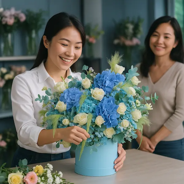 Hoa đẹp tặng sinh nhật với tone xanh dương – trắng độc đáo, được cắm tại cửa hàng bởi nhân viên chuyên nghiệp.