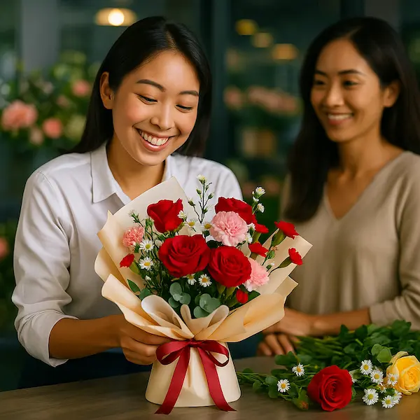 Nhân viên cửa hàng hoa đang trao giỏ hoa tươi giá tốt cho khách hàng hài lòng – hoa giá tốt gần đây