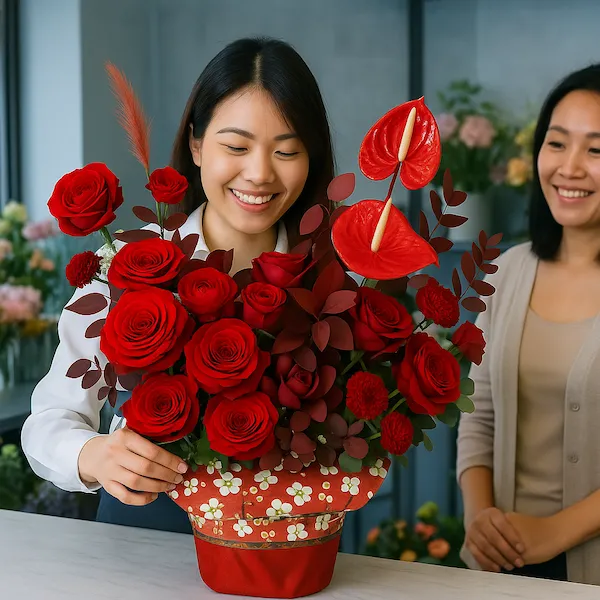Nhân viên đang giao giỏ hoa hồng đỏ cắm nghệ thuật – dịch vụ hoa giao tận nơi gần đây.