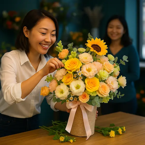 Nhân viên đang cắm giỏ hoa sinh nhật tặng mẹ với hoa hướng dương, hồng vàng, cúc mẫu đơn và lá bạc trong cửa hàng hoa ấm cúng.