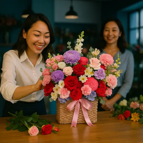 Hoa sinh nhật tặng người yêu với tone đỏ hồng ngọt ngào, thiết kế trong giỏ hoa thủ công tinh tế.