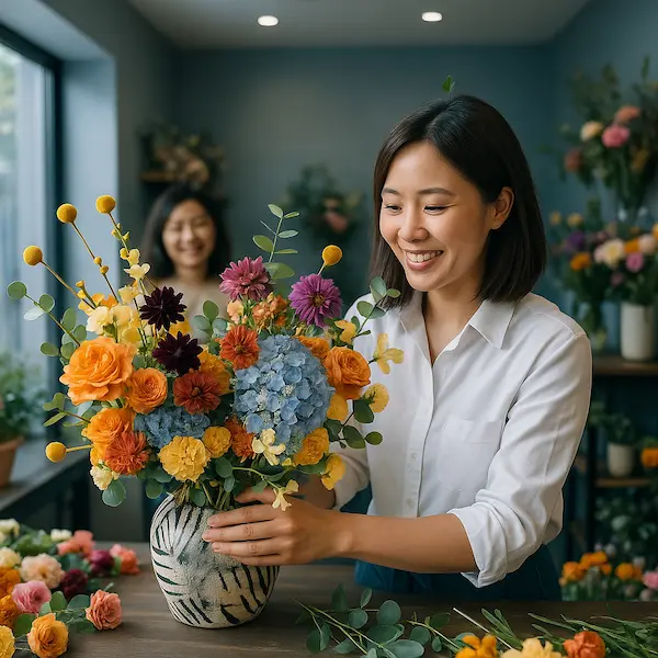 Hoa tặng sinh nhật đẹp, tươi tắn, được cắm bởi nhân viên cửa hàng hoa trong không gian ấm cúng.