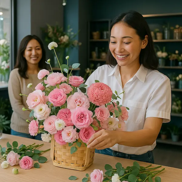 Nhân viên cắm giỏ hoa tươi sinh nhật màu hồng ngọt ngào, tạo cảm giác vui tươi và ấm áp.