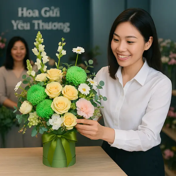 Nhân viên đang cắm lẵng hoa sinh nhật tông xanh - vàng gồm hoa hồng, cẩm chướng và cúc pingpong trong cửa hàng hoa hiện đại.