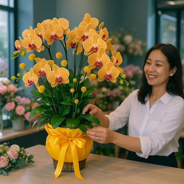 Mẫu hoa tặng sinh nhật sang trọng với chậu lan vàng rực rỡ, nổi bật giữa không gian tiệm hoa.