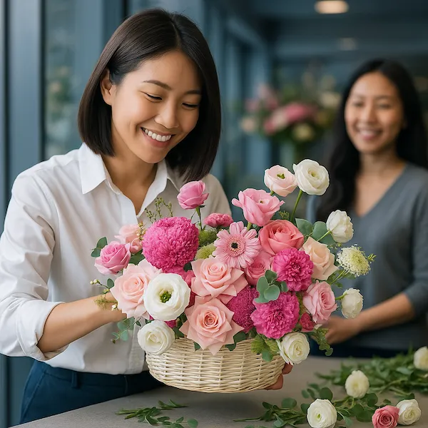 Nhân viên cửa hàng đang cắm giỏ hoa tươi gồm hoa hồng, đồng tiền và cát tường – lựa chọn lý tưởng khi cần mua hoa tươi gần đây.