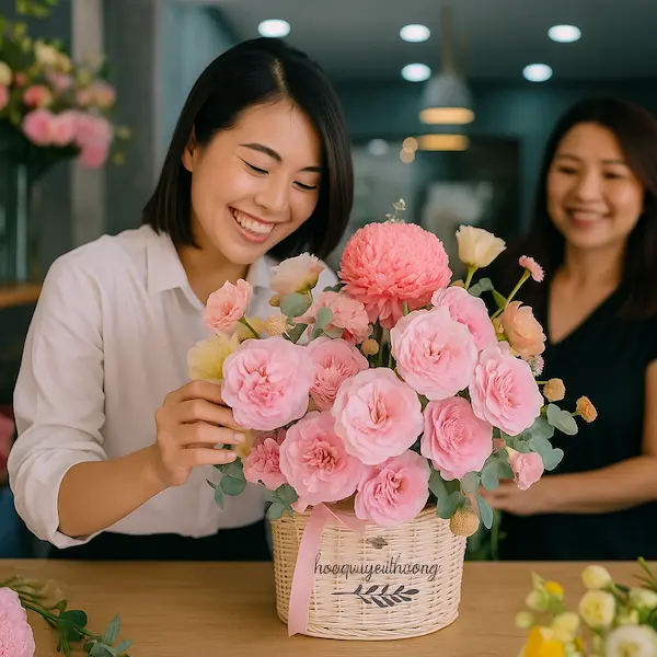 Nhân viên tại shop hoa tươi chất lượng cao đang chăm chút giỏ hoa hồng pastel tươi mới.