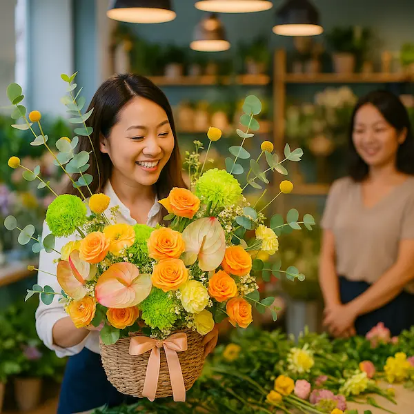 Cửa hàng shop hoa tươi có đặt online – nhân viên tươi cười trao giỏ hoa rực rỡ