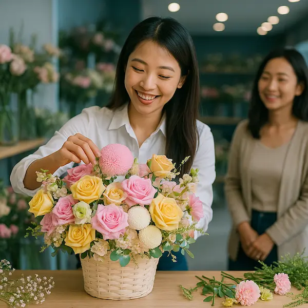 Nhân viên nữ cắm hoa trong không gian shop hoa tươi gần chợ, bên cạnh là khách hàng nữ đang mỉm cười