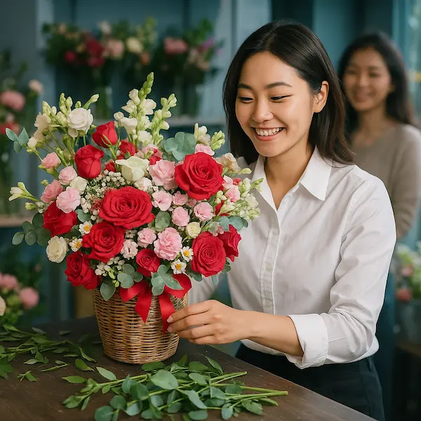 Nhân viên tiệm hoa gần đây có giao hàng đang cắm giỏ hoa tươi