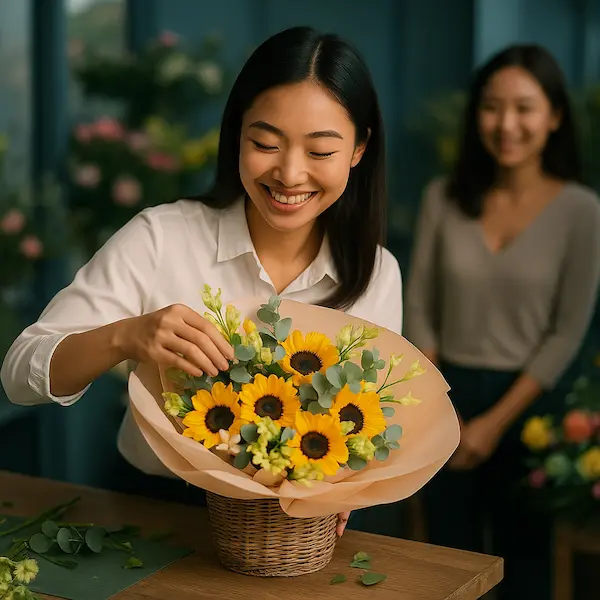 Nhân viên đang cắm bó hoa hướng dương tươi tại tiệm hoa gần đây mở cửa 24/7 – Hoa Gửi Yêu Thương