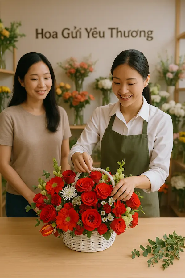Tiệm hoa gần đây với nhân viên cắm hoa chuyên nghiệp và không gian ấm cúng.